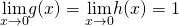 \underset{x \to 0}{\mathop{\lim}}g(x)= \underset{x \to 0}{\mathop{\lim}}h(x)=1