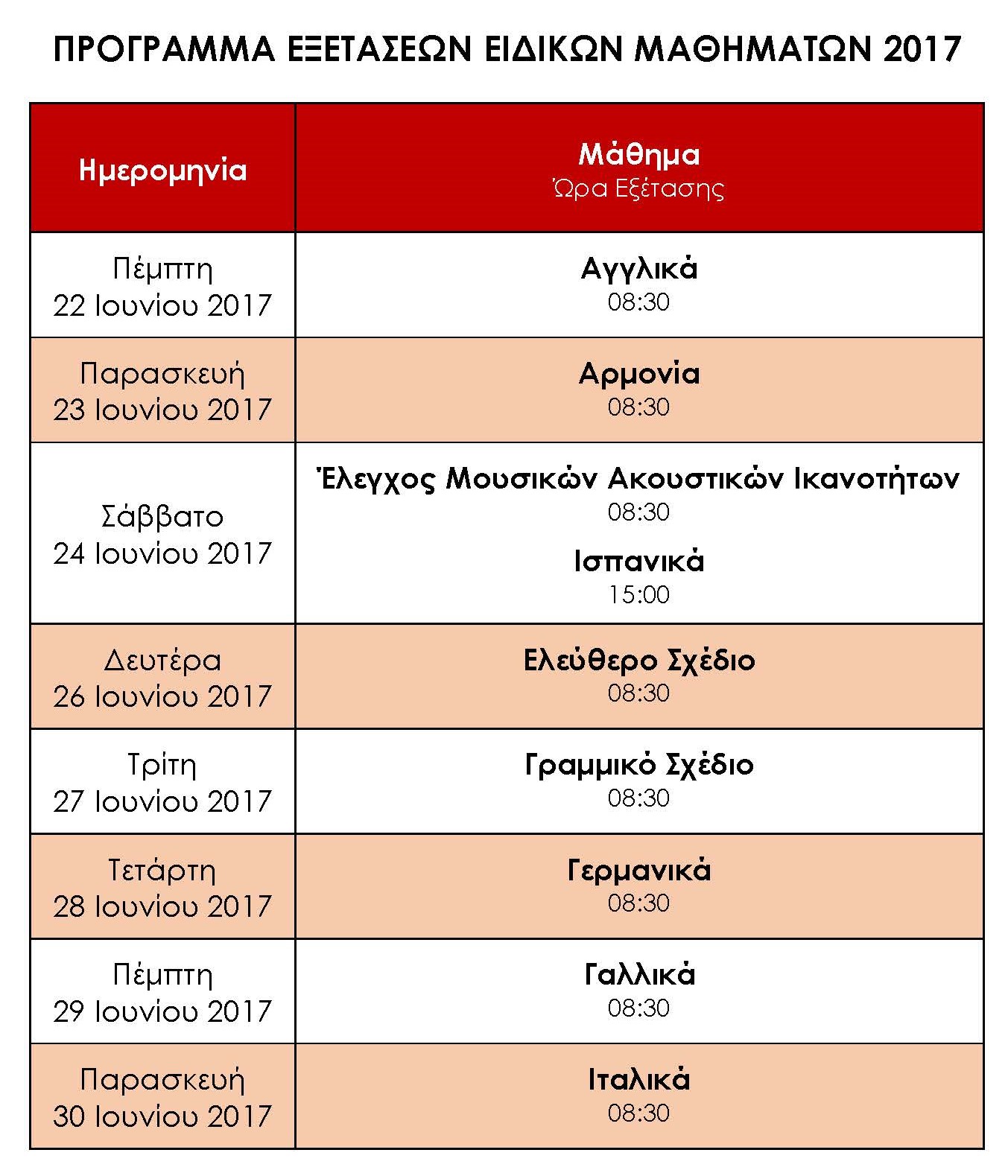 ΠΡΟΓΡΑΜΜΑ ΕΞΕΤΑΣΕΩΝ ΕΙΔΙΚΩΝ ΜΑΘΗΜΑΤΩΝ 2017