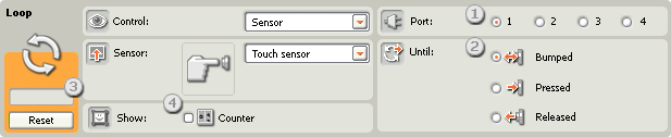 Image of configuration pane for the Loop block, set to Touch Sensor