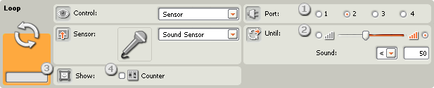 Image of configuration pane for the Loop block, set to Sound Sensor