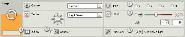 Image of configuration pane for the Loop block, set to Light Sensor