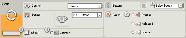 Image of configuration pane for the Loop block, set to NXT Buttons