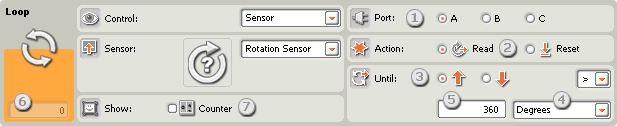 Image of configuration pane for the Loop block, set to Built-in Rotation Sensor