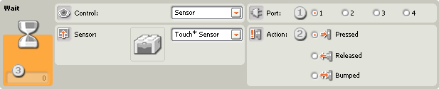 Image of the configuration panel for the Wait-old Touch* Sensor block  callouts 1-3