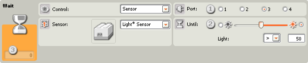 Image of the configuration panel for the Wait-old Light* Sensor block  callouts 1-3