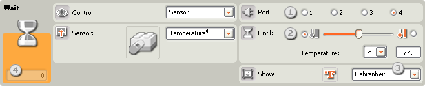 Image of configuration panel for Wait-Temperature* sensor block  callouts 1-4