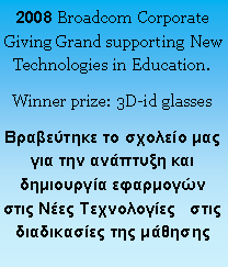  : 2008 Broadcom Corporate Giving Grand supporting New Technologies in Education.Winner prize: 3D-id glasses                   