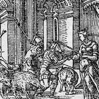Η Κίρκη μεταμορφώνει τους συντρόφους του Οδυσσέα. Salomon, Bernard, γκραβούρα από έκδοση των Μεταμορφώσεων του Οβίδιου, 1557