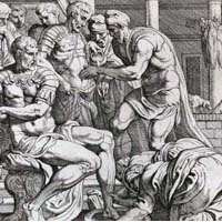 Ο Οδυσσέας και ο Τηλέμαχος πλένονται μετά τη θανάτωση των μνηστήρων. 