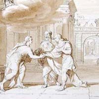 Ο Νέστορας και ο γιος του Πεισίστρατος υποδέχονται τον Τηλέμαχο.