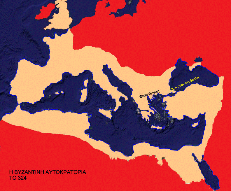 Χάρτης με την εδαφική εξέλιξη της βυζαντινής αυτοκρατορίας από το 324 μ.Χ. έως το 1453 μ.Χ.