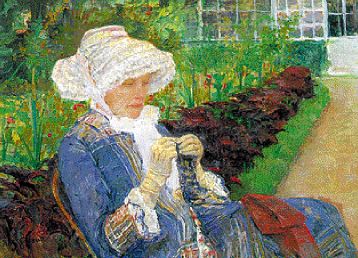 painting of woman knitting