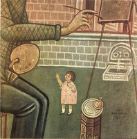 Λεπτομέρεια από την οικογένεια του ζωγράφου, με τη Δεσπούλα να συμμετέχει και να πρωταγωνιστεί στο έργο του Φωτίου (περ. 1930).