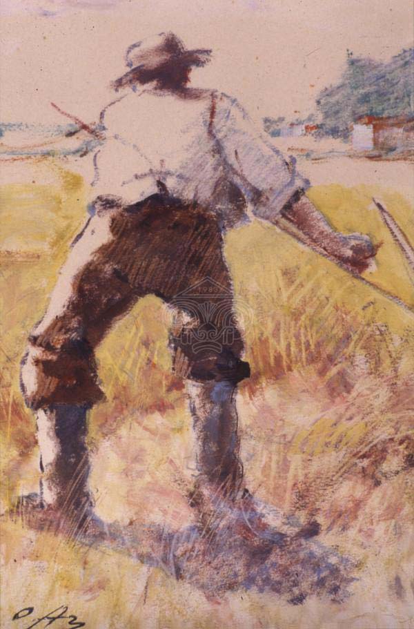 Ουμβέρτος Αργυρός (1883-1963), «Θεριστής» (παστέλ, 30,5x19εκ., συλλογή Γεωργίου Ι. Κατσίγρα) [πηγή: Δημοτική Πινακοθήκη Λάρισας. Μουσείο Γ.Ι. Κατσίγρα]